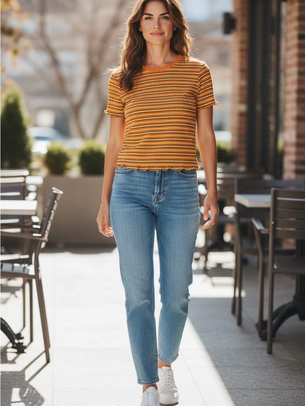 Pinc Mustard and Black Striped Lettuce-Hem Crop Top